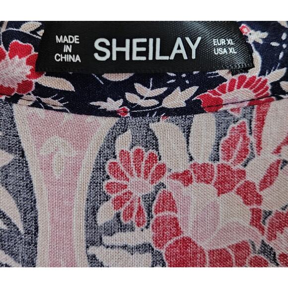 SHEILAY Women's XL Dress Floral Peasant Navy Red Pink 1/2 Buttons Flare Ruffle - Picture 3 of 7